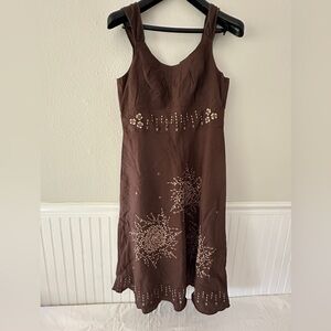 Vintage Orvis Brown Linen Embroidered Dress SZ: M